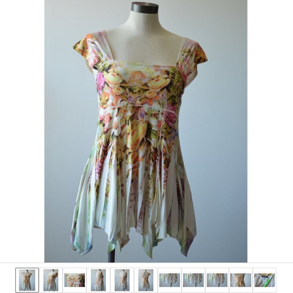 Asymmetrical Women Tunic Blouse sz 1 Made in USA by Stretch Square Neck Floral - Picture 1 of 9